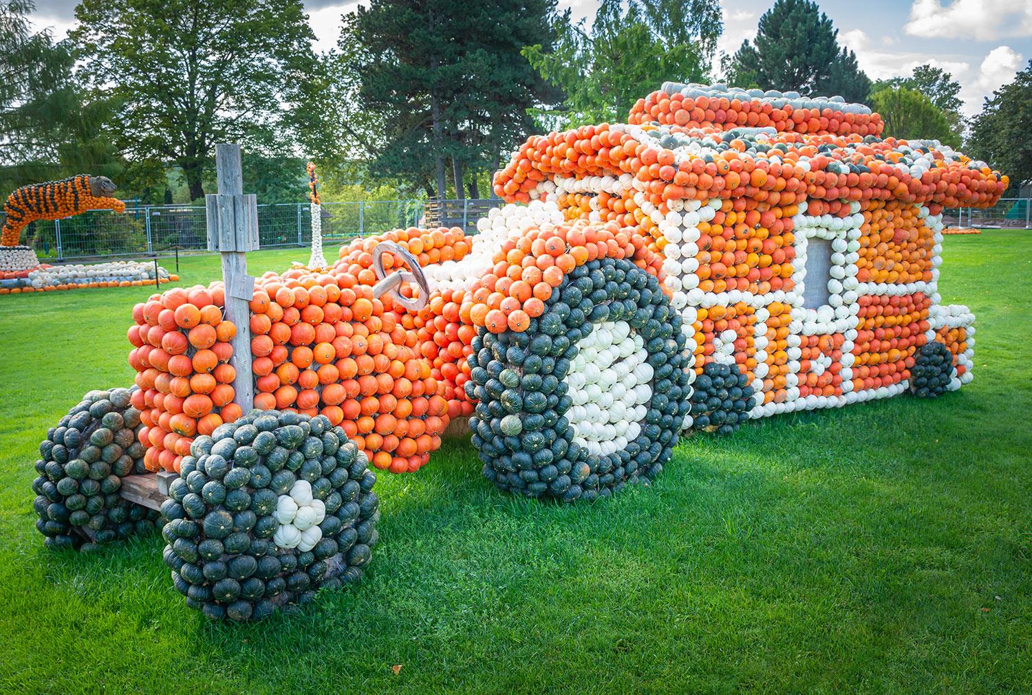 Kürbisausstellung egapark Erfurt 2019 - Traktor mit Wohnwagen