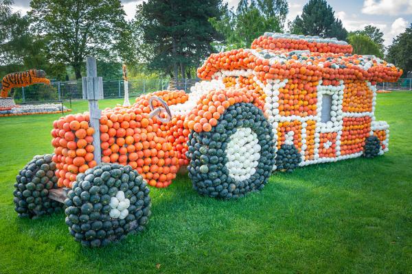 Kürbisausstellung egapark Erfurt 2019 - Traktor mit Wohnwagen